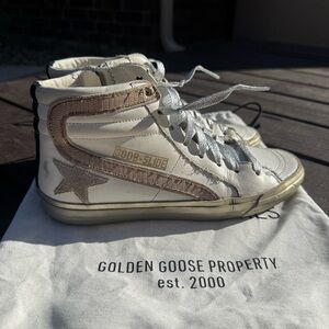 Golden Goose White and Silver Slide trainers